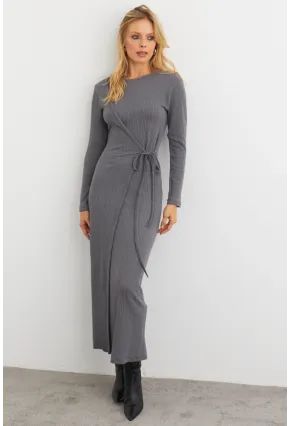 Kadın Antrasit Kruvaze Maxi Elbise COL31