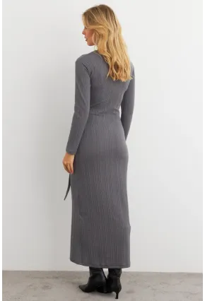 Kadın Antrasit Kruvaze Maxi Elbise COL31