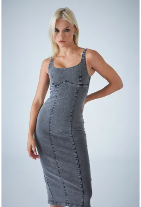 Kadın Antrasit Sırt Fermuarlı Midi Elbise TSS104