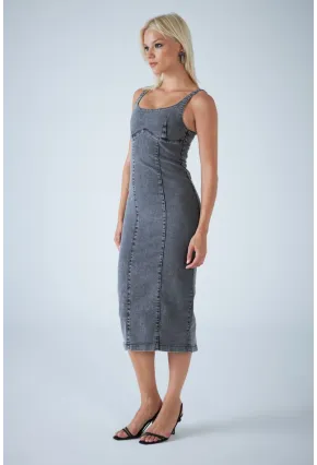 Kadın Antrasit Sırt Fermuarlı Midi Elbise TSS104