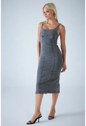 Kadın Antrasit Sırt Fermuarlı Midi Elbise TSS104