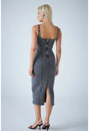 Kadın Antrasit Sırt Fermuarlı Midi Elbise TSS104