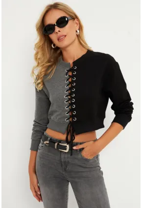 Kadın Antrasit-Siyah Kuşgözlü Kısa Sweatshirt TF02