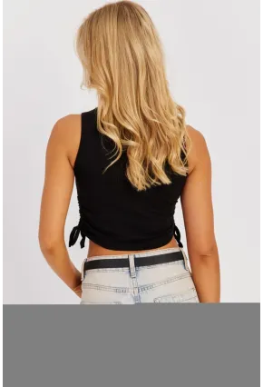 Kadın Badem-Siyah Yanları Bağcıklı Kolsuz Bluz MK09