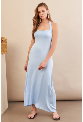 Kadın Bebe Mavi Boyun Bağlamalı Halter Midaxi Elbise EY3113