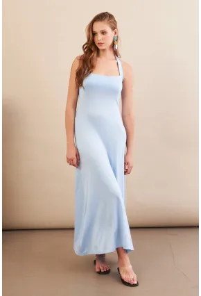 Kadın Bebe Mavi Boyun Bağlamalı Halter Midaxi Elbise EY3113
