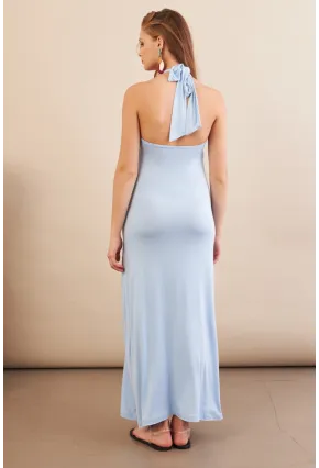 Kadın Bebe Mavi Boyun Bağlamalı Halter Midaxi Elbise EY3113