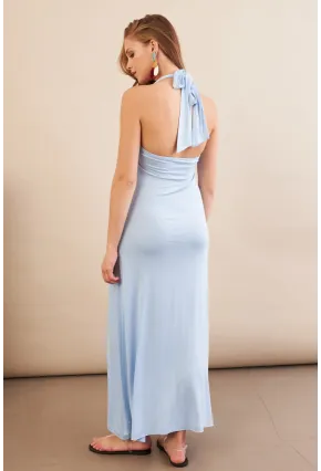 Kadın Bebe Mavi Boyun Bağlamalı Halter Midaxi Elbise EY3113