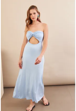 Kadın Bebe Mavi Düğümlü Pencereli Straplez Midi Elbise EY3109