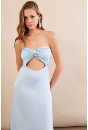 Kadın Bebe Mavi Düğümlü Pencereli Straplez Midi Elbise EY3109