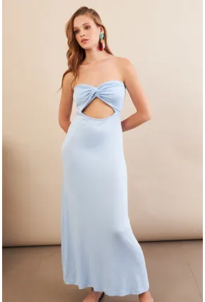 Kadın Bebe Mavi Düğümlü Pencereli Straplez Midi Elbise EY3109