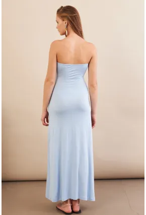 Kadın Bebe Mavi Düğümlü Pencereli Straplez Midi Elbise EY3109