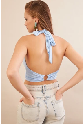 Kadın Bebe Mavi Sırt Detaylı Pencereli Crop Bluz EY3108