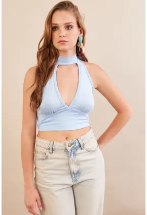 Kadın Bebe Mavi Sırt Detaylı Pencereli Crop Bluz EY3108