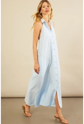 Kadın Bebe Mavi Sırtı Açık Maxi Gömlek Elbise ELN3132