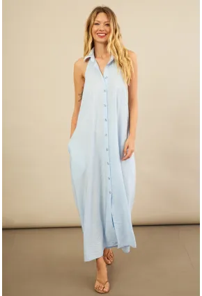Kadın Bebe Mavi Sırtı Açık Maxi Gömlek Elbise ELN3132
