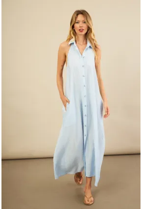 Kadın Bebe Mavi Sırtı Açık Maxi Gömlek Elbise ELN3132
