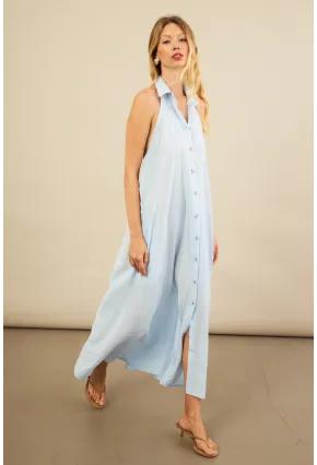 Kadın Bebe Mavi Sırtı Açık Maxi Gömlek Elbise ELN3132