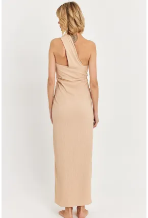 Kadın Bej Asimetrik Yaka Maxi Elbise NH25455