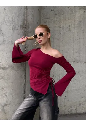Kadın Bel Detay Kayık Yaka Uzun Kol Bordo Bluz