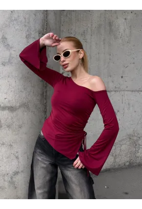 Kadın Bel Detay Kayık Yaka Uzun Kol Bordo Bluz