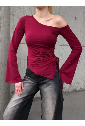 Kadın Bel Detay Kayık Yaka Uzun Kol Bordo Bluz