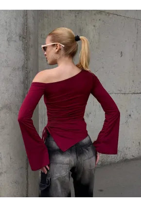 Kadın Bel Detay Kayık Yaka Uzun Kol Bordo Bluz