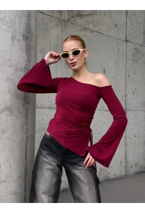 Kadın Bel Detay Kayık Yaka Uzun Kol Bordo Bluz