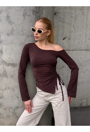 Kadın Bel Detay Kayık Yaka Uzun Kol Kahve Bluz