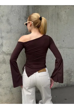 Kadın Bel Detay Kayık Yaka Uzun Kol Kahve Bluz