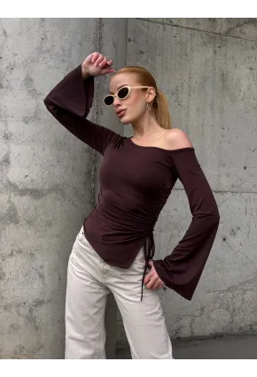 Kadın Bel Detay Kayık Yaka Uzun Kol Kahve Bluz