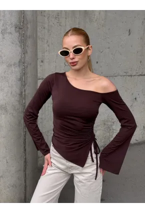 Kadın Bel Detay Kayık Yaka Uzun Kol Kahve Bluz