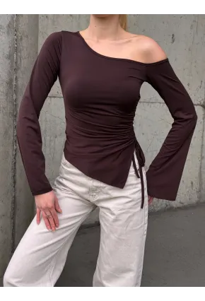 Kadın Bel Detay Kayık Yaka Uzun Kol Kahve Bluz