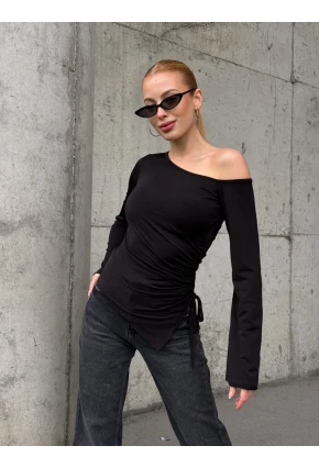 Kadın Bel Detay Kayık Yaka Uzun Kol Siyah Bluz