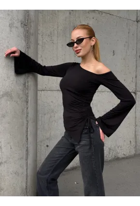 Kadın Bel Detay Kayık Yaka Uzun Kol Siyah Bluz