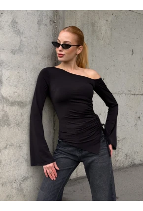 Kadın Bel Detay Kayık Yaka Uzun Kol Siyah Bluz