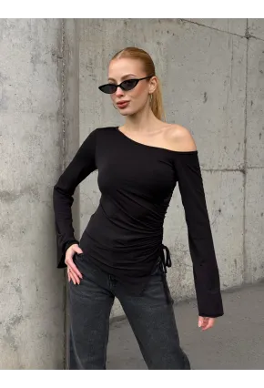 Kadın Bel Detay Kayık Yaka Uzun Kol Siyah Bluz