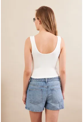 Kadın Beyaz Agraflı Kısa Bluz ZH167