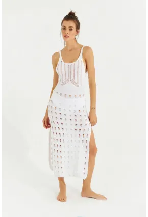 Kadın Beyaz Ajurlu Triko Maxi Elbise SF2504