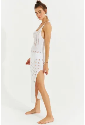 Kadın Beyaz Ajurlu Triko Maxi Elbise SF2504