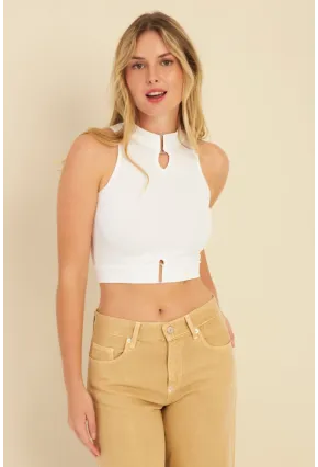 Kadın Beyaz Aksesuarlı Crop Bluz CG340