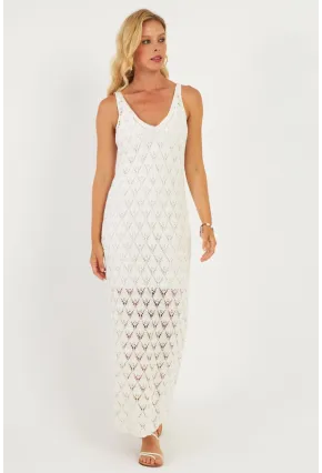 Kadın Beyaz Astarlı Triko Maxi Elbise KZ3211