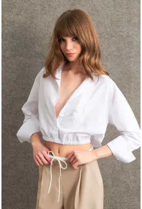 Kadın Beyaz Beli Lastikli Gömlek ELT3835
