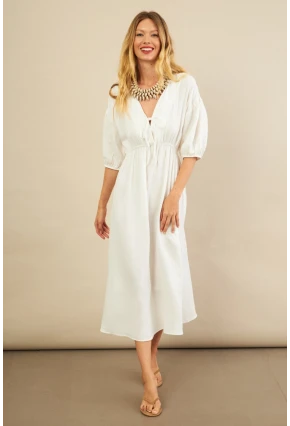 Kadın Beyaz Beli Lastikli Midi Müslin Elbise FRO1001