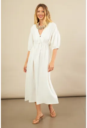 Kadın Beyaz Beli Lastikli Midi Müslin Elbise FRO1001