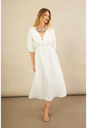 Kadın Beyaz Beli Lastikli Midi Müslin Elbise FRO1001