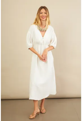 Kadın Beyaz Beli Lastikli Midi Müslin Elbise FRO1001