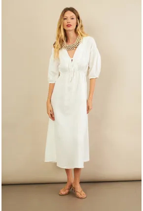 Kadın Beyaz Beli Lastikli Midi Müslin Elbise FRO1001