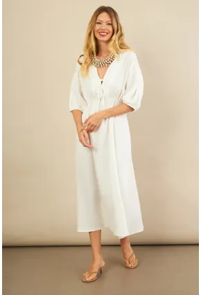 Kadın Beyaz Beli Lastikli Midi Müslin Elbise FRO1001