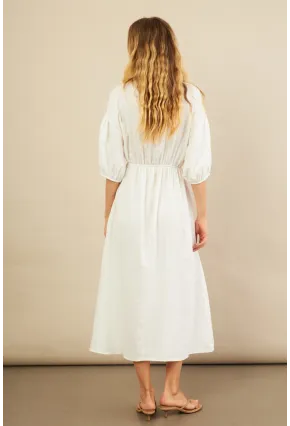 Kadın Beyaz Beli Lastikli Midi Müslin Elbise FRO1001